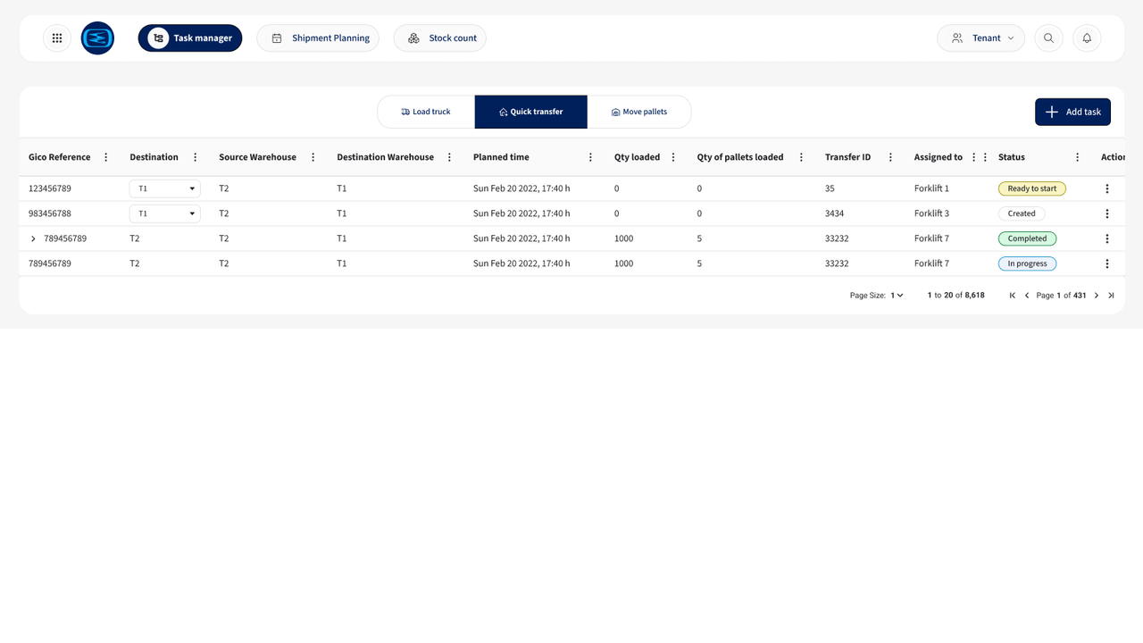 Logistics coordinator quick transfer view