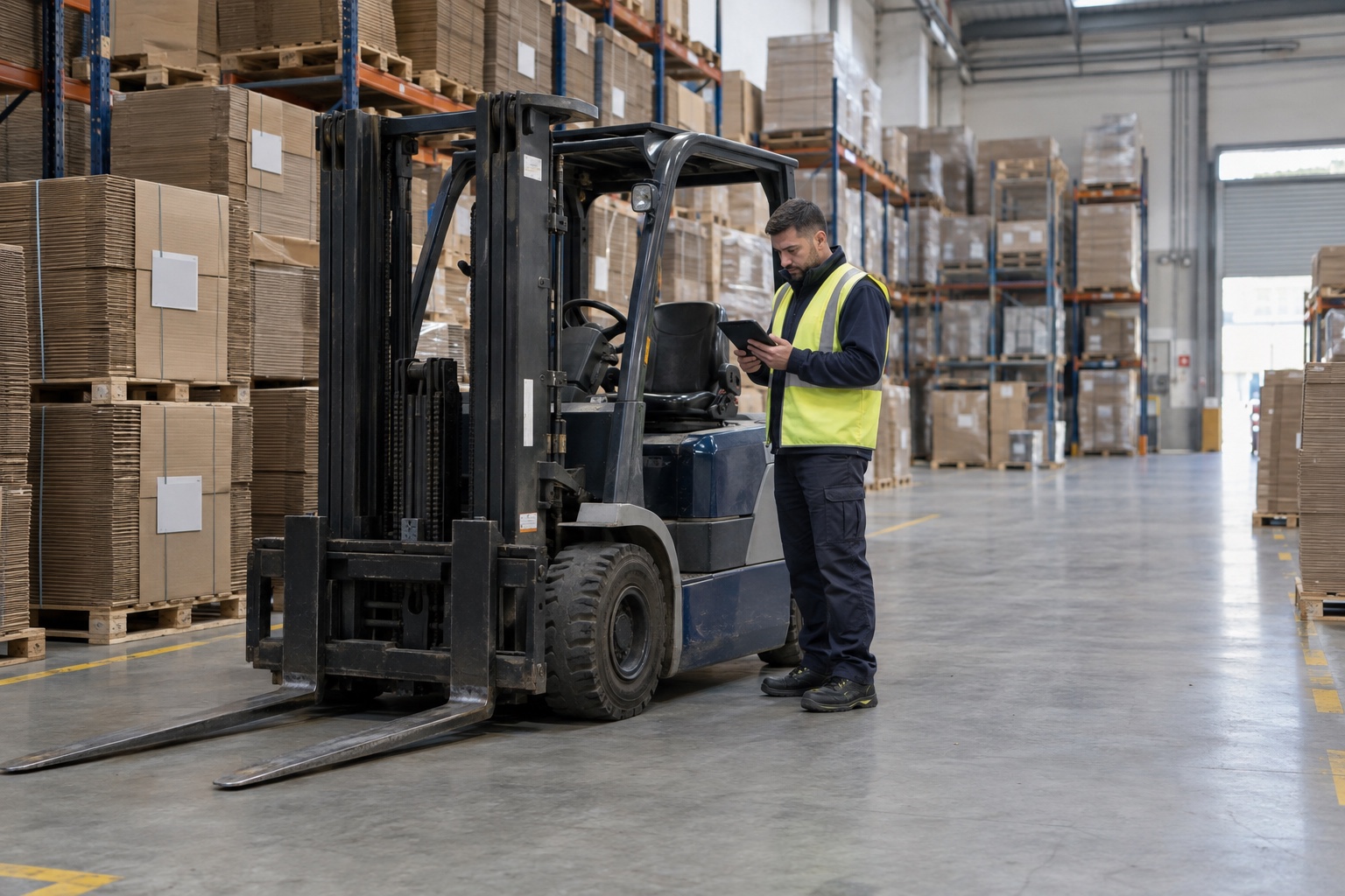 Illustrative image of a warehouse worker checking a tablet beside a forklift and pallets of cardboard